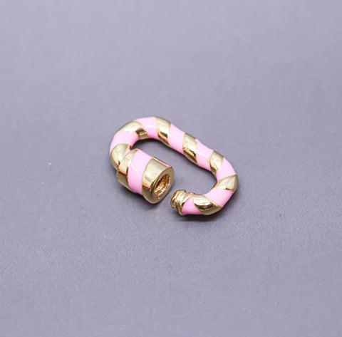 Baby Pink/Gold Enamel 13x19mm Small Candy Cane Carabiner lock, Screw Clasp, Screw on Clasp, 1 pc or 10 pcs, WHOLESALE, CLG087