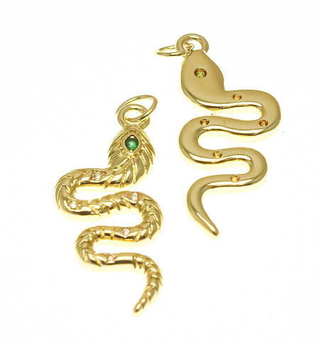 Tiny Cute Gold CZ Serpent Snake Pendant or Charm, Green Eye Detail, Textured Gold Snake, CZ Serpent Snake, WHOLESALE, CPG2335