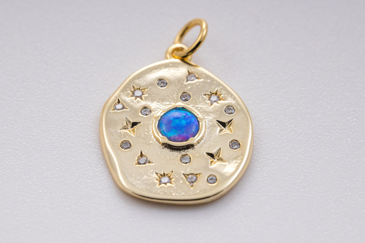 Gold Blue Opal Starburst cz pendant, 16x18mm, Organic Oval shape Charm, Opal jewelry, 1 pc or 10 pcs, WHOLESALE,CPG329