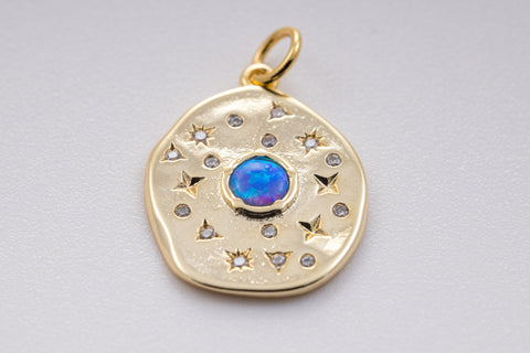 Gold Blue Opal Starburst cz pendant, 16x18mm, Organic Oval shape Charm, Opal jewelry, 1 pc or 10 pcs, WHOLESALE,CPG329