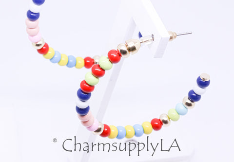 Limited edition Colorful Enamel Beaded Hoop Earrings, 50-52mm, Fun Summer Piece,  Rainbow Hoops, Mixed Colors Hoops, FJ1-093