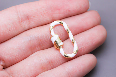 White/Gold Enamel 11x25mm Large Candy Cane Carabiner lock, Screw Clasp, Screw on Clasp, 1 pc or 10 pcs, WHOLESALE, CLG083