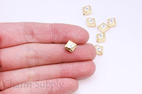 Gold, silver, gunmetal black White Enamel Evil Eye Square Bead, 9mm, Double Sided, 1 pc or 10 pcs, WHOLESALE,SPG052