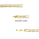 Gold tennis bracelet extender links with clear rectangular baguette gemstones, shown in three views on a white background with the text 'Extender Links'.