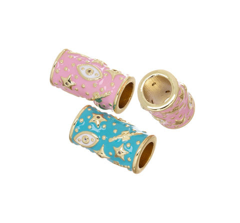 Talisman Round Tube Bead,Gold Talisman Evil Eye And Star Spacer Bead,Large Hole Spacer Bead For Leather Cord,Paracord Or Chain,SPG149R