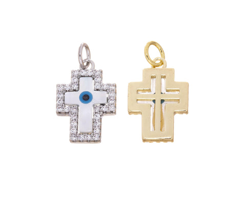 MOP Cross Amulet CZ Charm,MOP Evil Eye Cross Charm,Evil Eye Protection Charm,Cross Charm For Necklace,Turkish Nazar Evil Eye Charm,CPG831