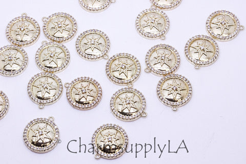 Gold Cz Starburst Tag Pendant, 15mm, Gold Round Celestial Jewelry Tag, Jewelry Starburst Pendant, 1 pc or 10 pcs WHOLESALE,CPG227
