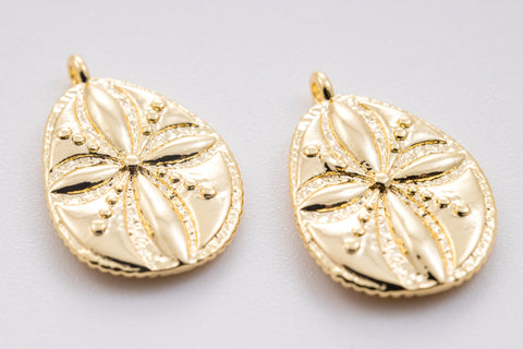 Gold Engraved Flower Oblong Oval Pendant, 15x18mm, Spring or Summer Vibe, Floral Charm, Summer Jewelry, 1 pc or 10 pcs, WHOLESALE,CPG363