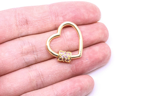 Gold Light Lavender Amethyst cz Heart Carabiner Lock, 20mm, Screw on clasp, Open Heart Lock, 1pcs or 10 pcs, WHOLESALE