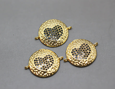 Gold Textured Black cz Heart Connector, Heart connector, textured heart, black heart connector, Heart Link, 1 pc or 10 pcs, WHOLESALE CNG041