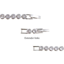 Silver tennis bracelet extender links with clear round-cut gemstones, shown in multiple close-up views on a white background with the text 'Extender links'.