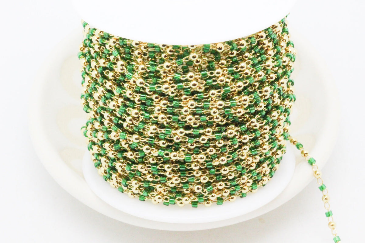 Delicate Emerald Green 2mm miyuki delica with gold beaded chain by footage, WHOLESALE