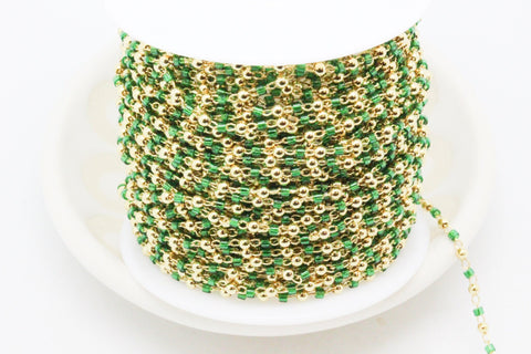 Delicate Emerald Green 2mm miyuki delica with gold beaded chain by footage, WHOLESALE