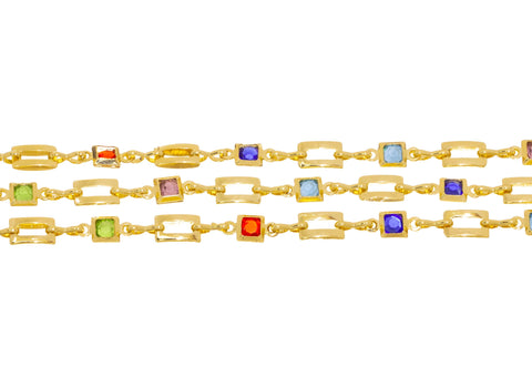 18K Gold Multi Color CZ Bezel Chain,Alternating Bezel Chain With CZ,Rainbow CZ Chain For Jewelry Making,Multi Color Stone Link Chain,CHG118
