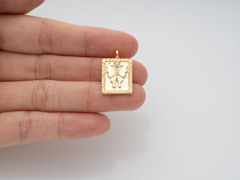 gold butterfly rectangle pendant tag, 17.5x13.5mm, transformation and hope pendant, butterfly gold tag pendant, Slide through chain, CPG2094