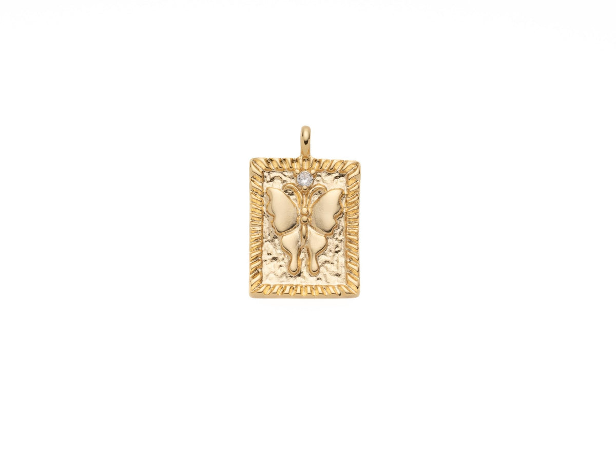gold butterfly rectangle pendant tag, 17.5x13.5mm, transformation and hope pendant, butterfly gold tag pendant, Slide through chain, CPG2094