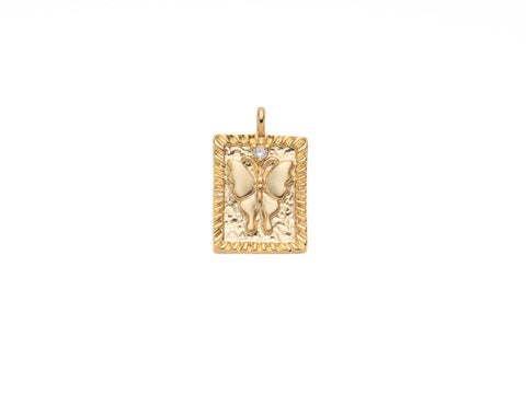 gold butterfly rectangle pendant tag, 17.5x13.5mm, transformation and hope pendant, butterfly gold tag pendant, Slide through chain, CPG2094