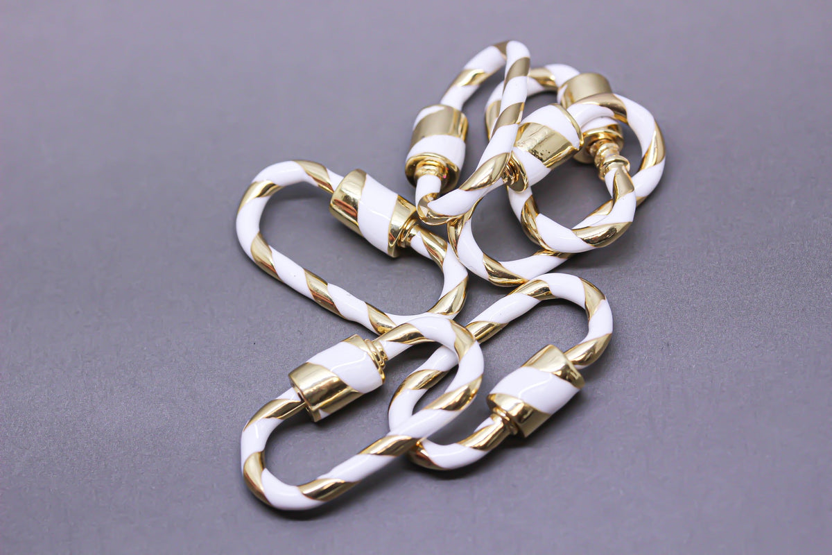 White/Gold Enamel 11x25mm Large Candy Cane Carabiner lock, Screw Clasp, Screw on Clasp, 1 pc or 10 pcs, WHOLESALE, CLG083