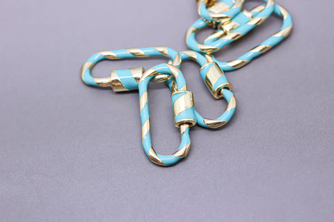 Turquoise/Gold Enamel 11x25mm Large Candy Cane Carabiner lock, Screw Clasp, Screw on Clasp, 1 pc or 10 pcs, WHOLESALE.CLG078