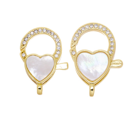MOP Small Or Large Heart Clasp,Pave Heart Clasp,Gold Heart Lobster Claw Clasp,Large Lobster CZ Clasp With Mother Of Pearl,CLG308S-CLG308L