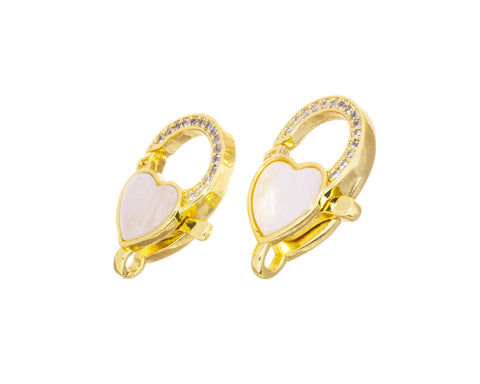 MOP Small Or Large Heart Clasp,Pave Heart Clasp,Gold Heart Lobster Claw Clasp,Large Lobster CZ Clasp With Mother Of Pearl,CLG308S-CLG308L