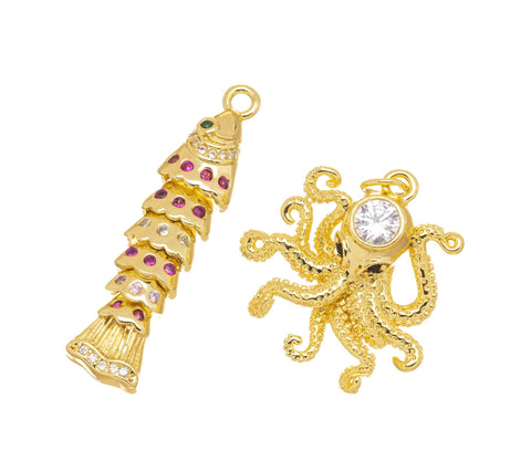 Gold Twirling Moving Fish Charm,Octopus Charm,CZ Gold Sealife Charms For Jewelry Making,CPG764-CPG765
