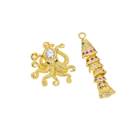 Gold Twirling Moving Fish Charm,Octopus Charm,CZ Gold Sealife Charms For Jewelry Making,CPG764-CPG765