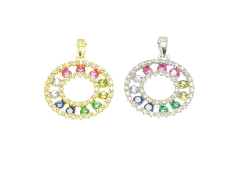 18k Gold or Silver Colorful CZ Circle Disc Charm, Micro Pave CZ Charm Holder Connector Rings, Large Circle, Dangle Charm, CPG2265,CPS2265