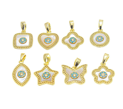 18k Gold Mother of Pearl Inlay Charm, Gold Inlay MOP Geometric Charm, CZ Pave Turquoise Detail Charm, For Jewelry Making, CPG2270-77
