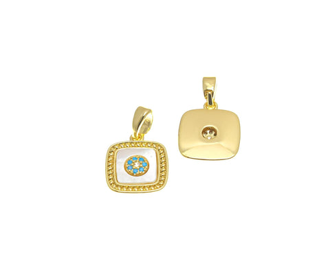 18k Gold Mother of Pearl Inlay Charm, Gold Inlay MOP Geometric Charm, CZ Pave Turquoise Detail Charm, For Jewelry Making, CPG2270-77