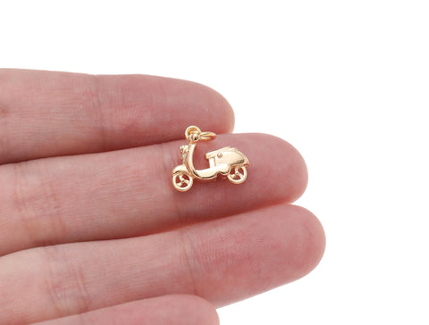 18k Gold Moped Charm, Vespa Pendant, Motorbike Charm,  Gold Scooter Charm Double Sided CPG1236