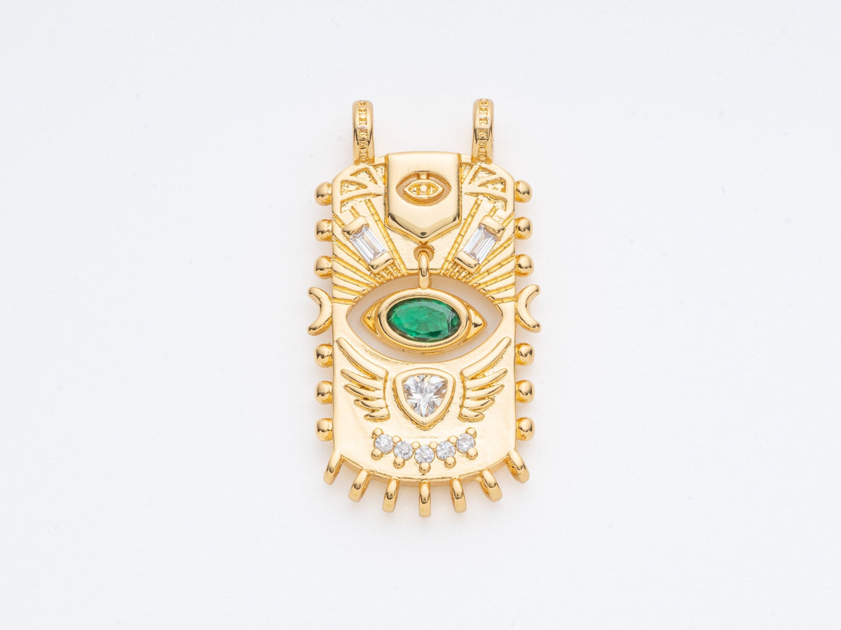 Gold rectangle Evil Eye Pendant, Dangling eye, 2 holes pendant, eye protection cz charm, green cz eye pendant, 28x14mm, CNG013