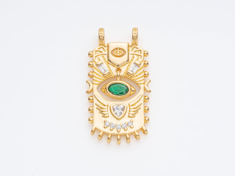 Gold rectangle Evil Eye Pendant, Dangling eye, 2 holes pendant, eye protection cz charm, green cz eye pendant, 28x14mm, CNG013