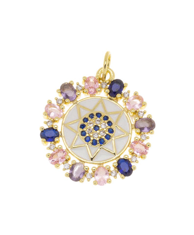 Gold Evil Eye Star Flower Pendant,Circle Evil Eye Amulet Star CZ Charm,Gold Star Multi Color Stone Charm,Jewelry Making Supply,CPG759