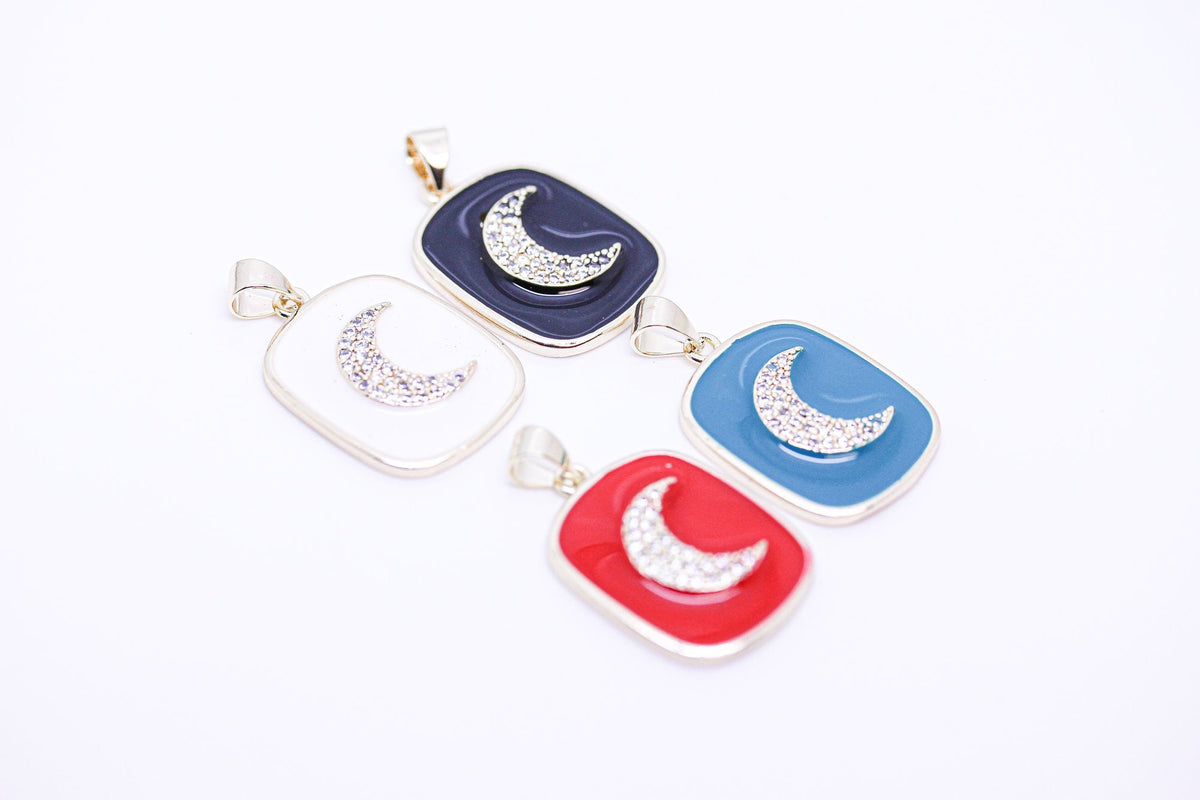 Gold Moon Enamel Tag Pendant, Red, Blue, Black or White, 1 pc or 10 pcs, WHOLESALE