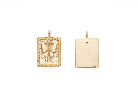 gold butterfly rectangle pendant tag, 17.5x13.5mm, transformation and hope pendant, butterfly gold tag pendant, Slide through chain, CPG2094