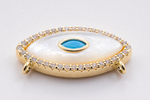 Gold Mother of Pearl Evil eye Pendant, Turquoise cz centered, cz Trim, 22x11mm, Evil eye Jewelry, Protection,1 pc or 10 pcs,WHOLESALE,CNG058