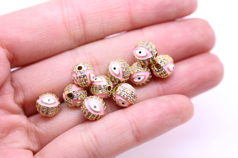 Evil eye Pave Light Pink Enamel Ball (7.5-8mm,10mm), 1 pcs or 10 pcs WHOLESALE