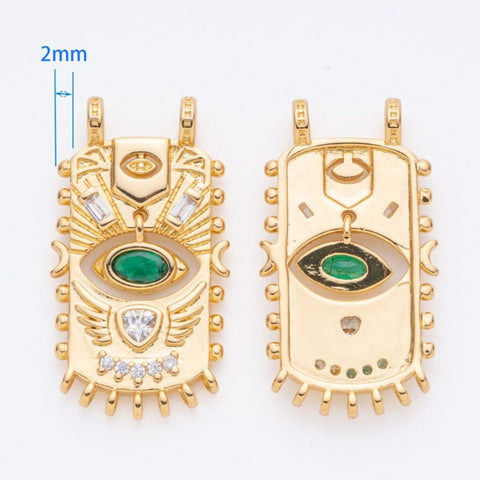 Gold rectangle Evil Eye Pendant, Dangling eye, 2 holes pendant, eye protection cz charm, green cz eye pendant, 28x14mm, CNG013