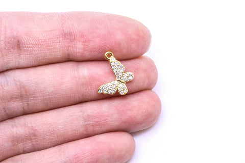 Gold or Silver Dainty cz Full Pave set Butterfly charm, Side-Drop Pendant, Super Sparkly, Great for Layering, 1 pc, or 10 pcs,CPG091,CPS091