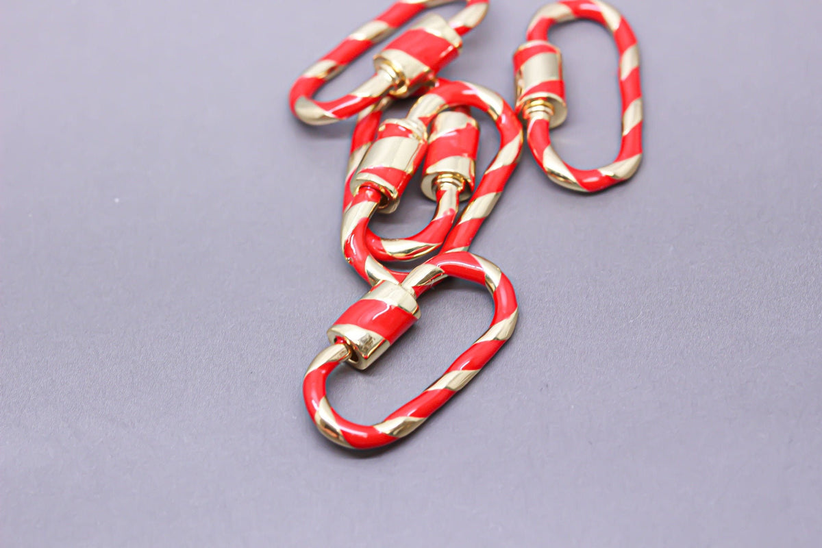 Red/Gold Enamel 11x25mm Large Candy Cane Carabiner lock, Screw Clasp, Screw on Clasp, 1 pc or 10 pcs, WHOLESALE, CLG080