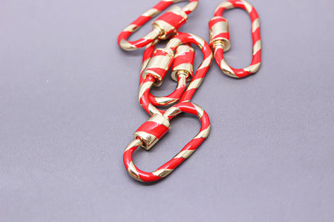 Red/Gold Enamel 11x25mm Large Candy Cane Carabiner lock, Screw Clasp, Screw on Clasp, 1 pc or 10 pcs, WHOLESALE, CLG080