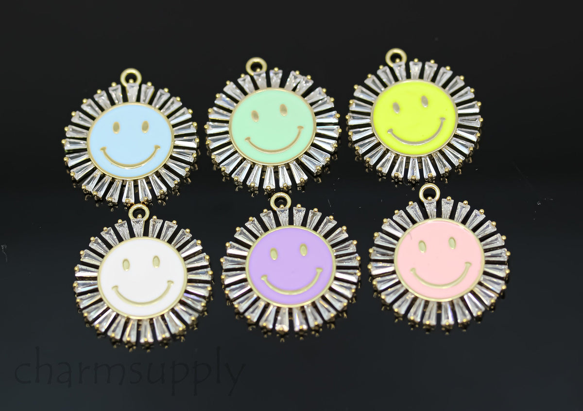 Gold Large Smiley Round Trimmed with Baguette cz Charm, Enamel Smiley face charm, 6 colors, 22mm, 1 pc or 10 pcs, WHOLESALE,CPG369