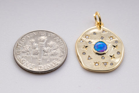 Gold Blue Opal Starburst cz pendant, 16x18mm, Organic Oval shape Charm, Opal jewelry, 1 pc or 10 pcs, WHOLESALE,CPG329