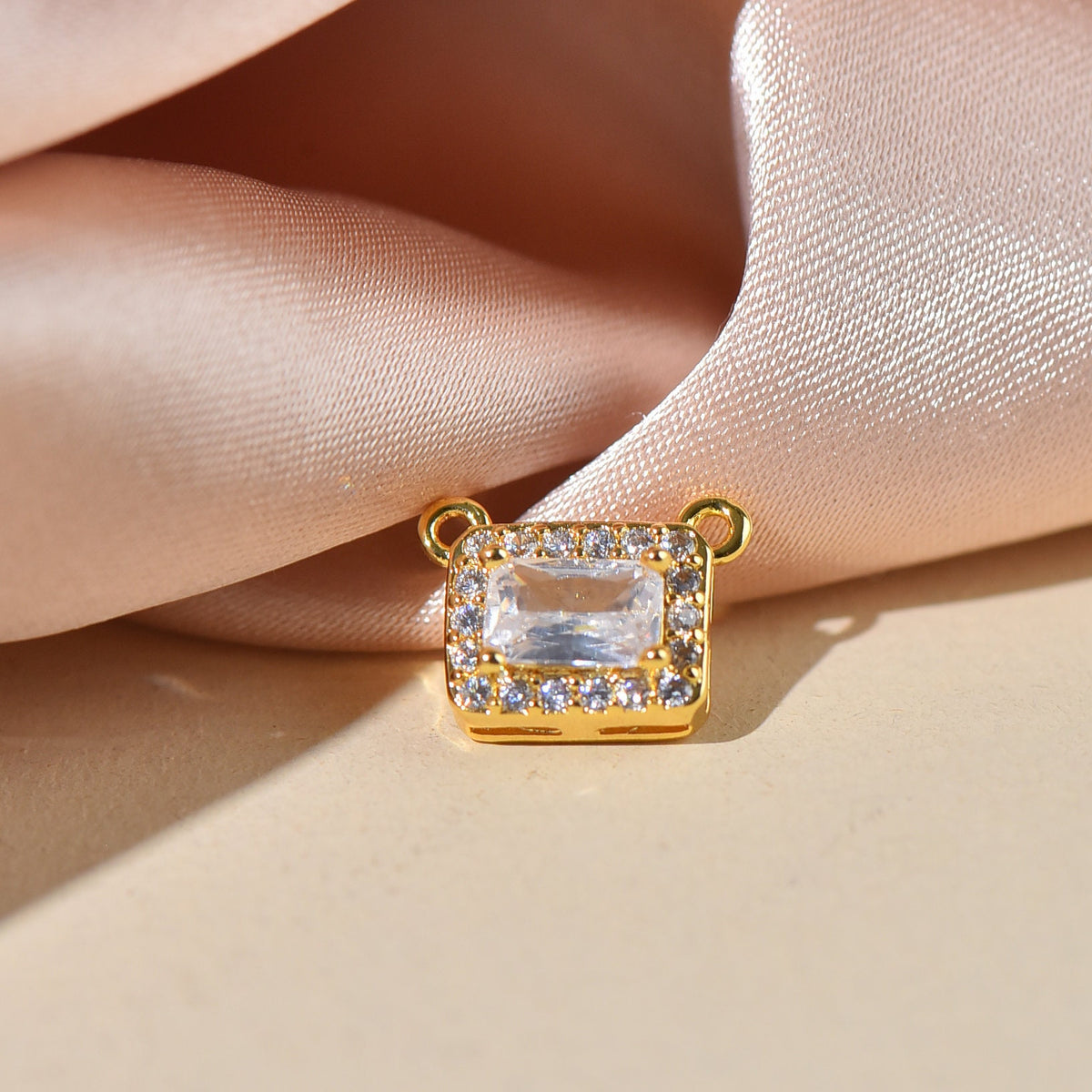 Gold Connector Charm For Necklace, CZ Connector Charm With Radiant Cut Stone In The Middle, CNG003-CNS003