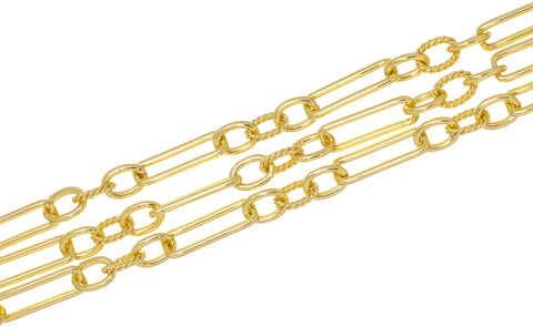 Gold Paperclip And Twisted link Alternating Chain,Elongated Smooth Oval Paperclip With Twisted Rope Chain For Jewelry Making,CHG102