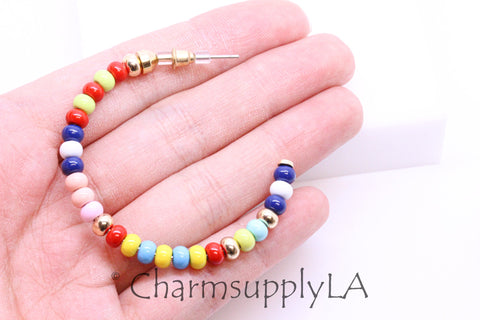 Limited edition Colorful Enamel Beaded Hoop Earrings, 50-52mm, Fun Summer Piece,  Rainbow Hoops, Mixed Colors Hoops, FJ1-093
