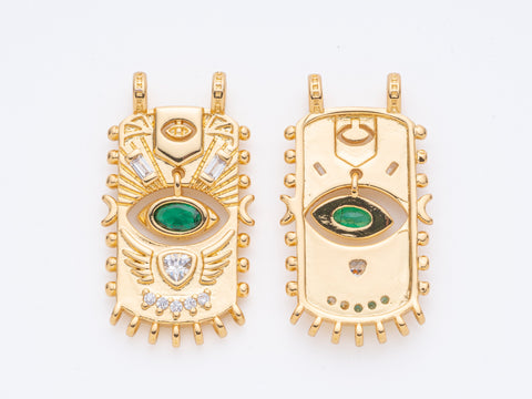 Gold rectangle Evil Eye Pendant, Dangling eye, 2 holes pendant, eye protection cz charm, green cz eye pendant, 28x14mm, CNG013