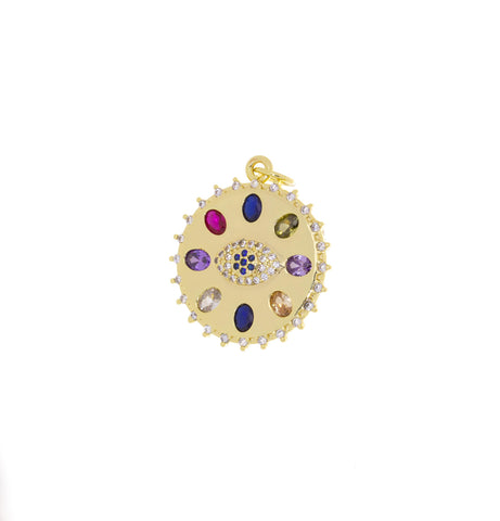 Gold Evil Eye Coin Pendant,Circle Evil Eye Amulet CZ Charm,Gold Multi Color Stone Charm,Jewelry Making Charm Supply,CPG760