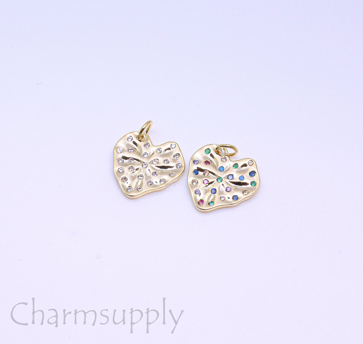 Gold Textured Wavy White or Rainbow cz Heart Pendant, 16mm, Gold Hearts Charms, Two options Color cz, 1 pc or 10 pcs, WHOLESALE,CPG211